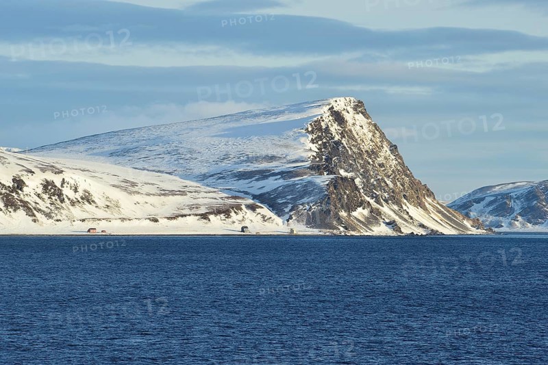 Norwegian Sea and island coast with buildings