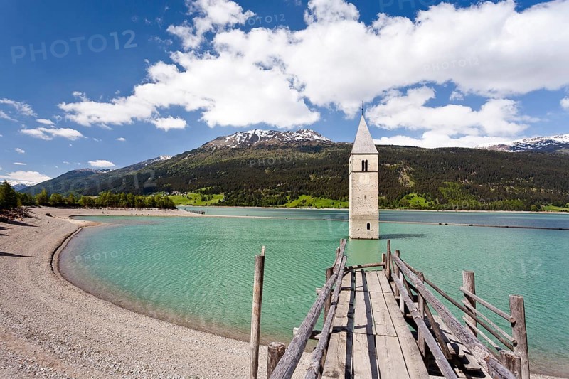 Steeple of Alt-Graun in Lake Reschensee in Alta Val Venosta