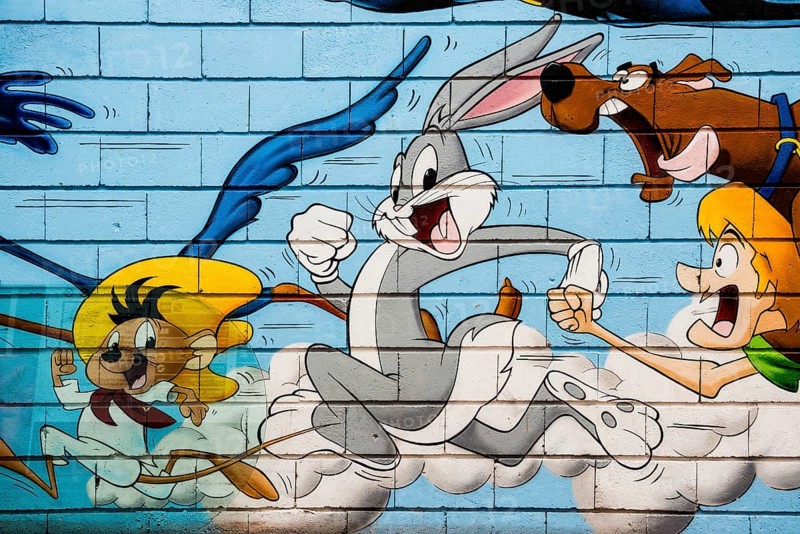 Painted house wall with cartoon characters