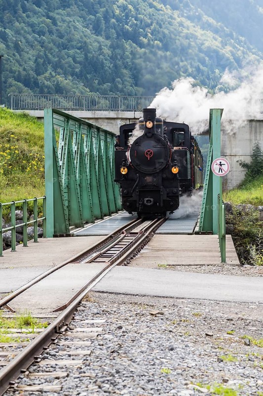 Bregenz Forest Railway with steam locomotive crossing steel bridge