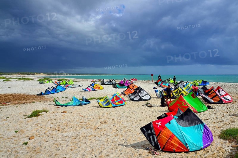 Kites and kitesurfers on the beach in high winds