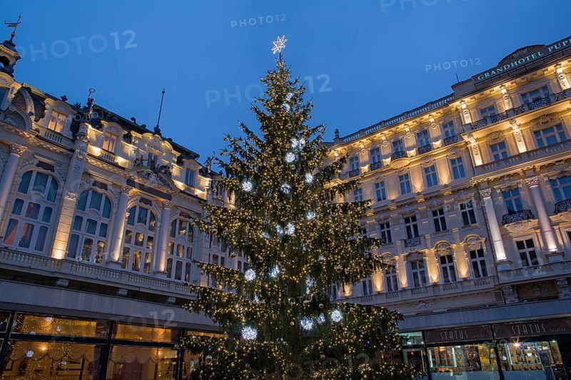 Christmas tree in front of the Pupp Hotel