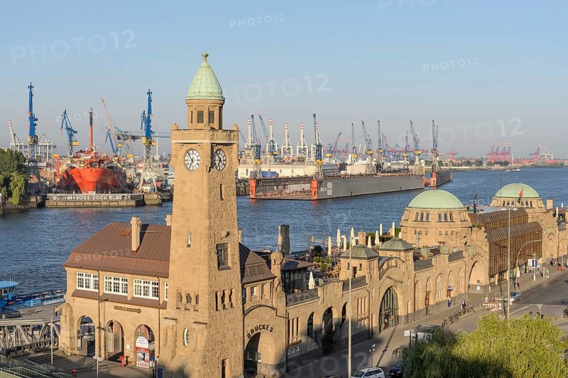 St. Pauli Landing Stages with the water level tower and the Elbe river
