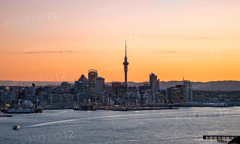 Skyline of Auckland at sunset