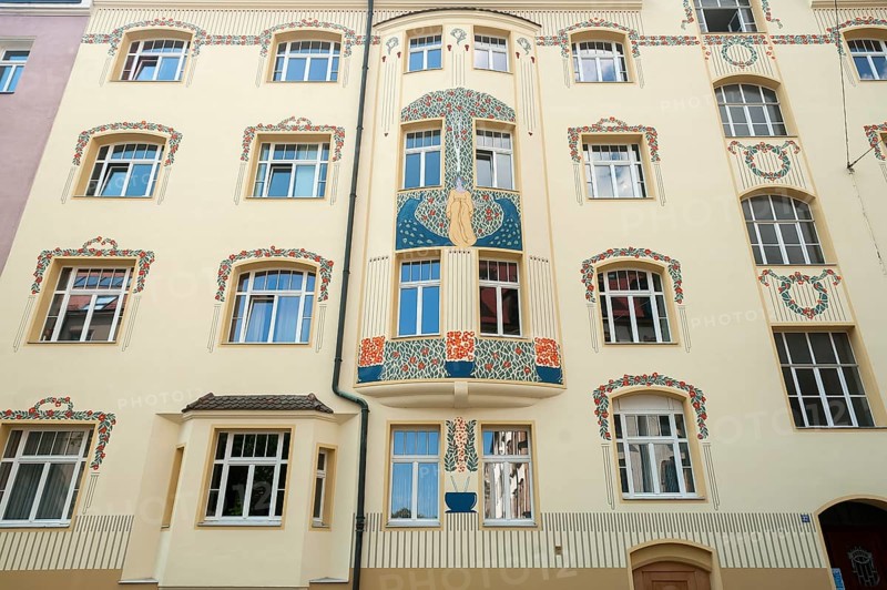 Restored Art Nouveau facade of a residential building