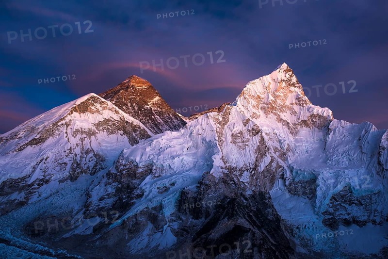 View at sundown from Kala Patthar on Mount Everest and Lhotse west flank