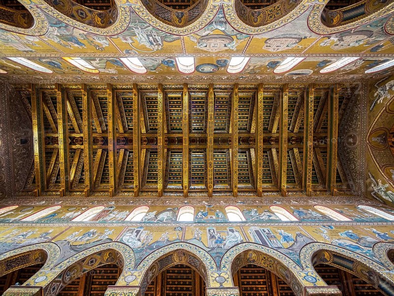 Ornate wooden ceiling in the nave of the Cathedral of Monreale or Santa Maria Nuova