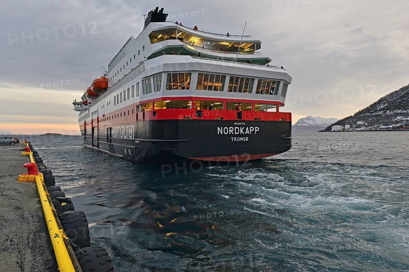MS Nordkapp departing from the pier towards Vagsfjord