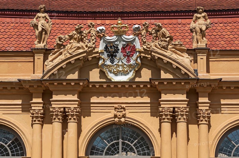 Alliance coat of arms of the margrave's builders surrounded by deities at the orangery in the castle grounds
