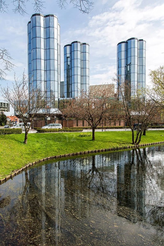 Mirrored glass towers