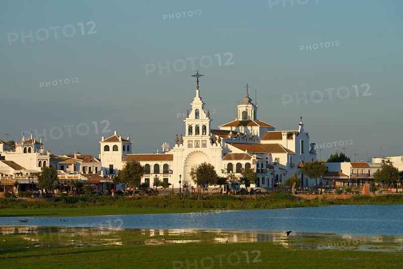 Hermitage of El Rocio in the lagoon of the Donana National Park