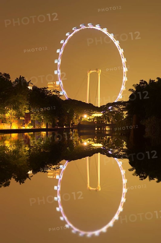 Singapore Flyer reflecting in the water at night