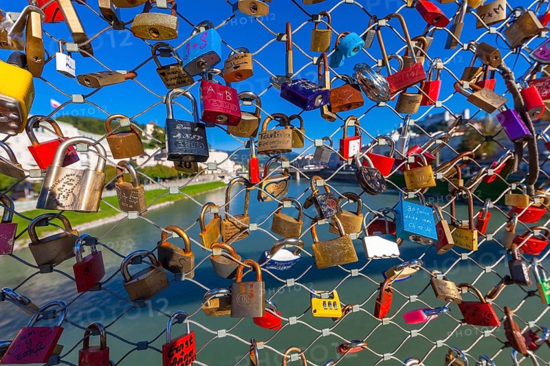 Love locks on Makartsteg bridge over the Salzach River
