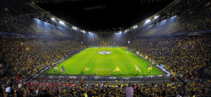 The sold-out Signal Iduna Arena before the kickoff of the UEFA Champions League game Borussia Dortmund vs Arsenal