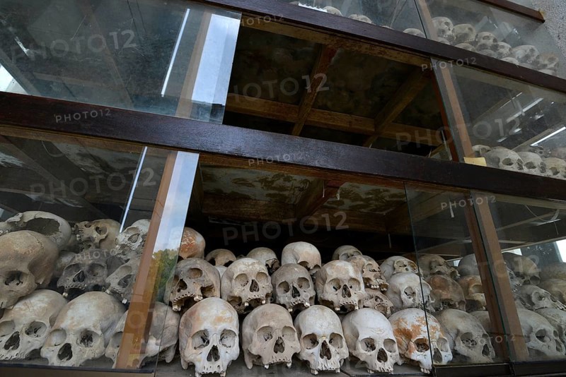 Skulls and bones in the Memorial Stupa to the prisoners murdered by the Communist or Maoist Khmer Rouge in Choeung Ek