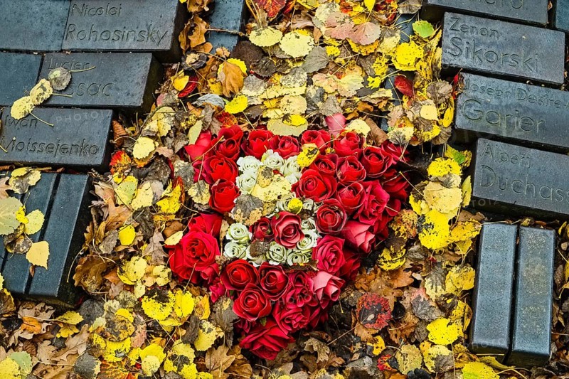 Floral wreath on memorial site in the concentration camp of Wobbelin
