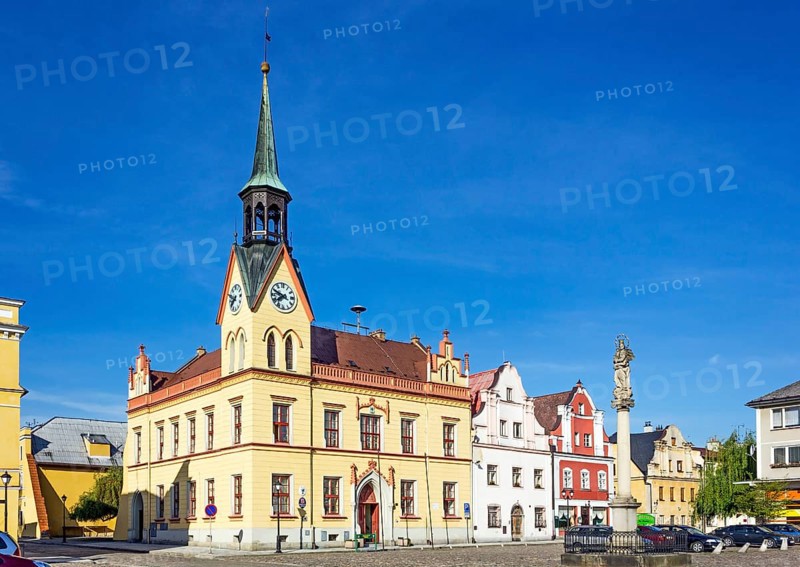 Town Hall and baroque Column of the Virgin Mary on the Peace Square or Mirove namesti