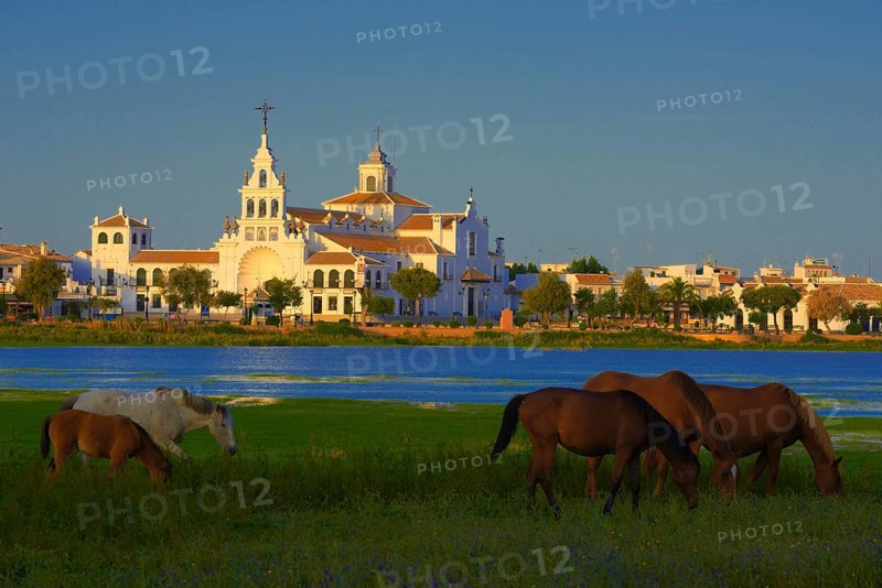 El Rocio village and Ermita del Rocio hermitage in morning light