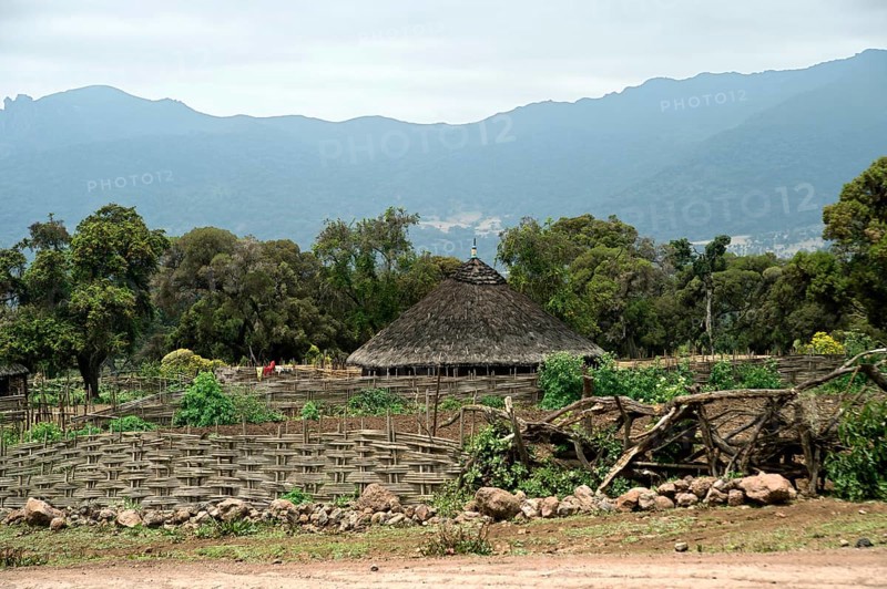 Traditional round built Bale-house surrounded by a braided bamboo fence