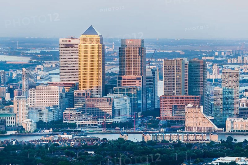 View of the Canary Wharf financial center and the river Thames