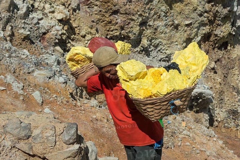 Sulphur carrier climbing out of Kawah Ijen volcano