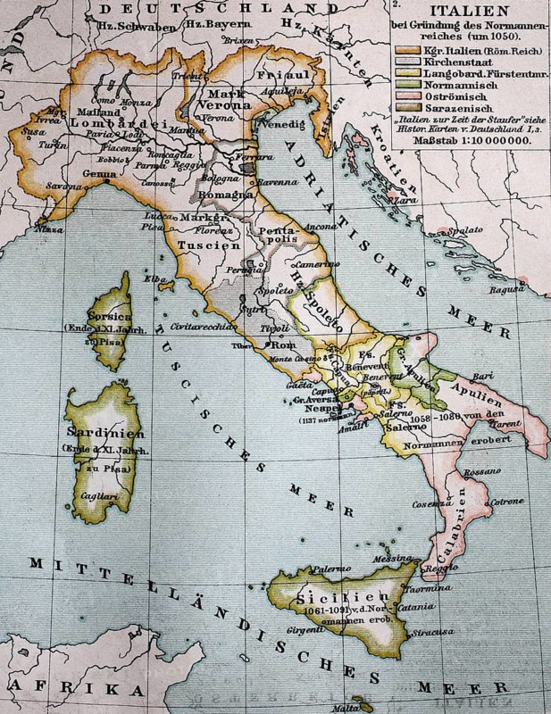 Map of Italy at the foundation of the Norman Empire around 1050