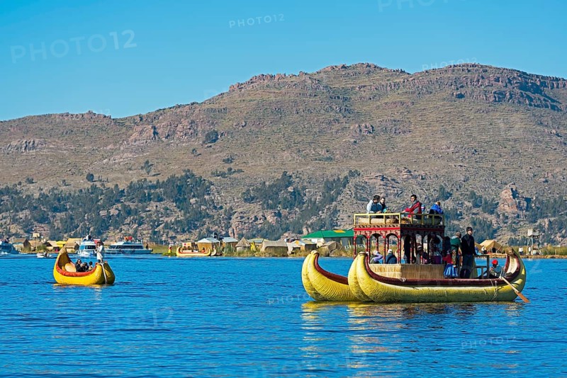 Reed boats near the floating islands of the Uros on Lake Titicaca