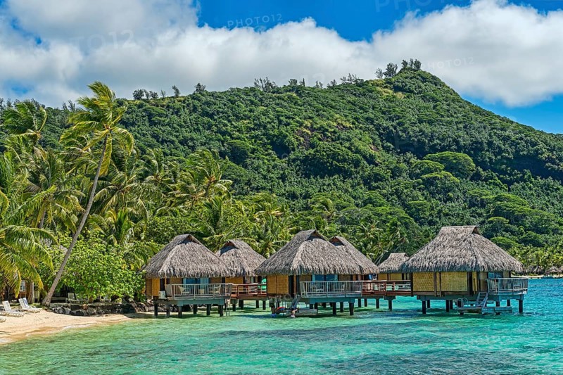Overwater bungalows in the lagoon