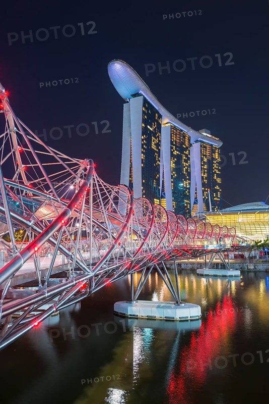 Marina Bay Sands Hotel and the Double Helix Bridge at night