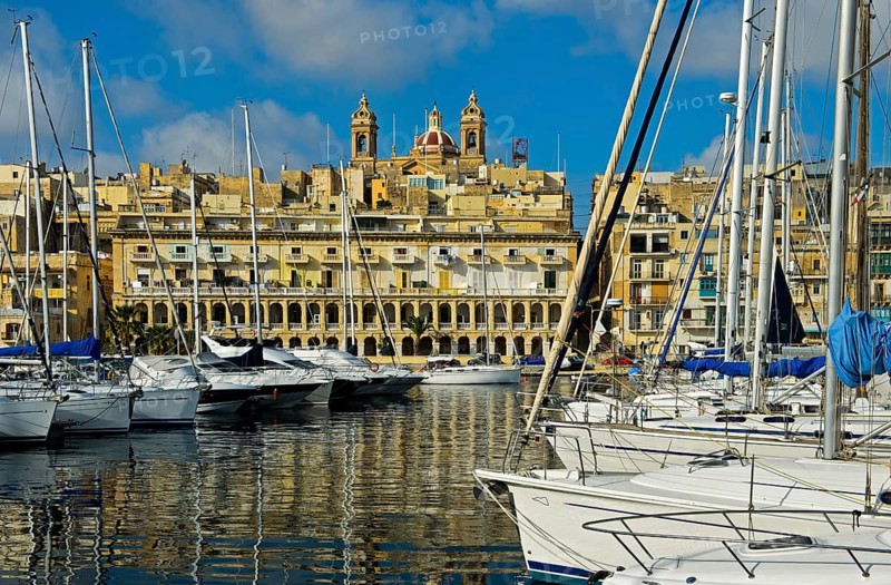 View from the Grand Harbour Marina in Vittoriosa to the church of St. Philip Neri