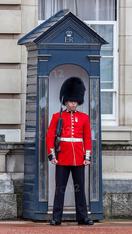 Guard of the Royal Guard with bearskin in front of Buckingham Palace
