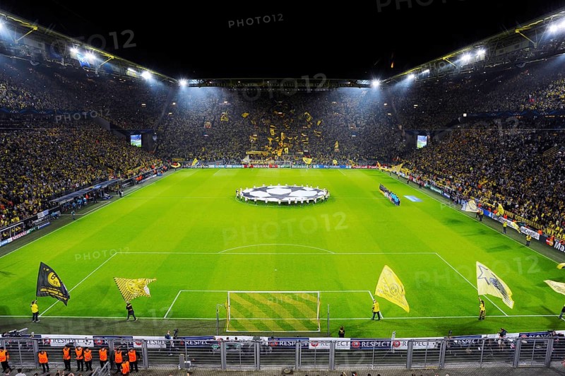 The sold-out Signal Iduna Arena before the kickoff of the UEFA Champions League game Borussia Dortmund vs Arsenal