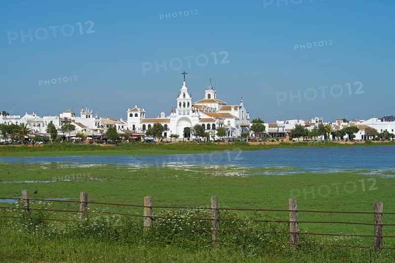 Hermitage of El Rocio in the lagoon of the Donana National Park