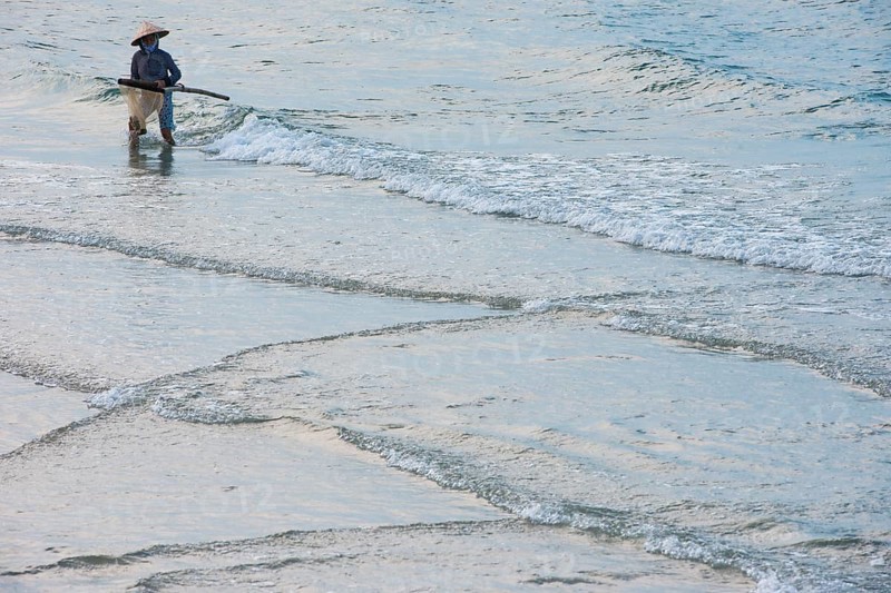 Shellfinder with straw hat at the beach Cua Dai