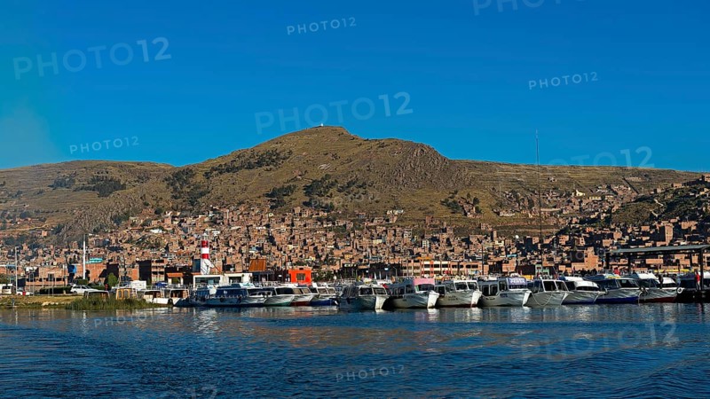 Boats in the harbour of Puno on Lake Titicaca