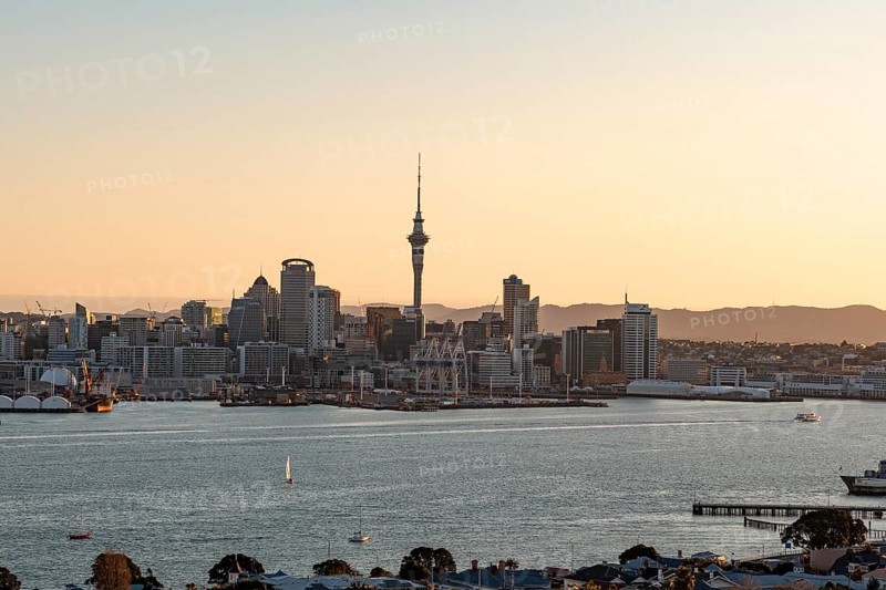 Skyline of Auckland at sunset