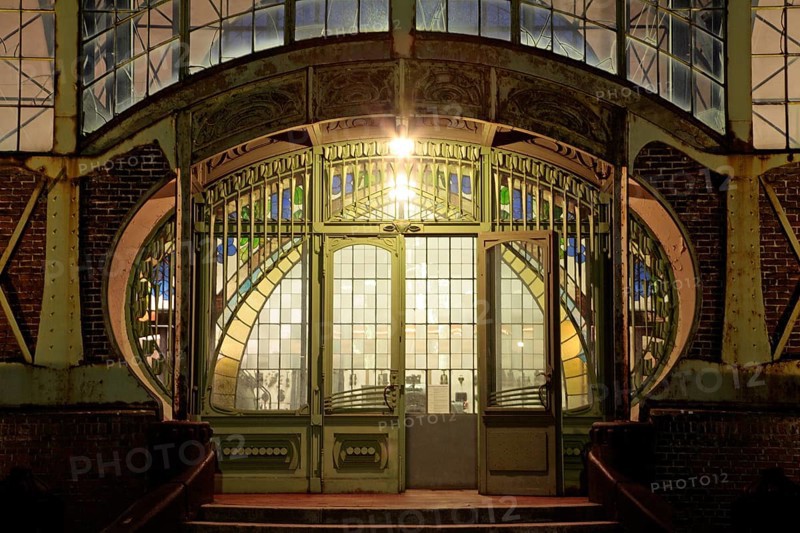 The illuminated entrance portal to the machine hall of Zollern II-IV