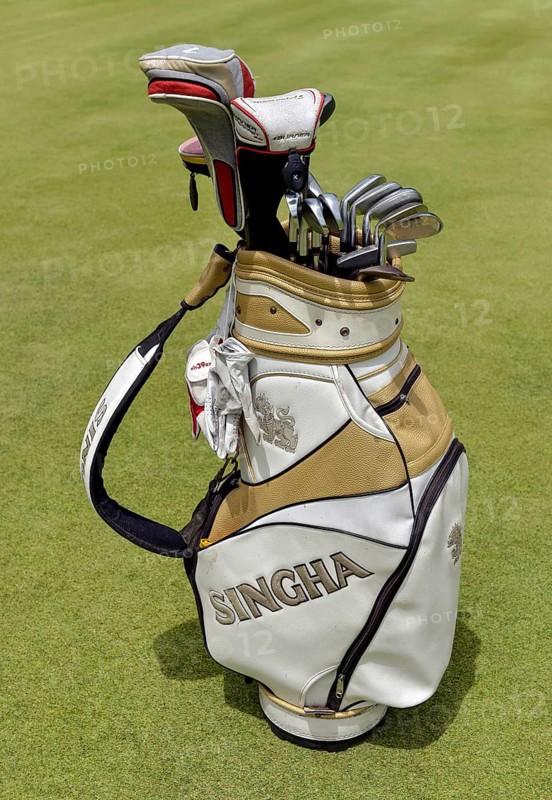 Golf bag with clubs on the green
