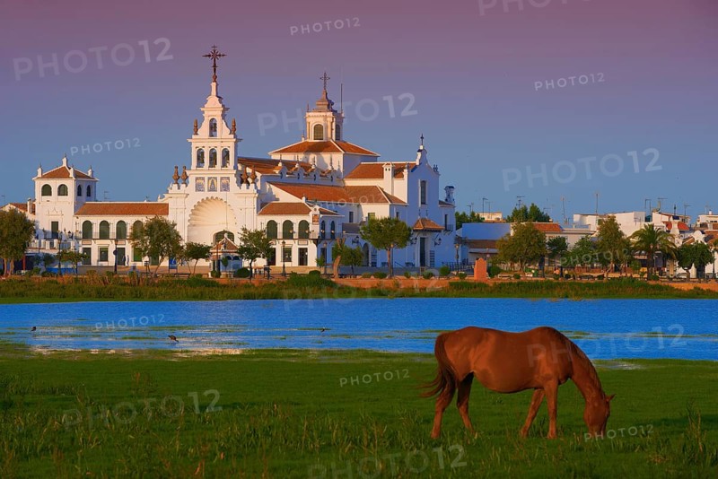 El Rocio village and Ermita del Rocio hermitage in morning light