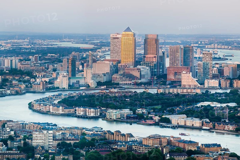 View of the Canary Wharf financial center and the river Thames