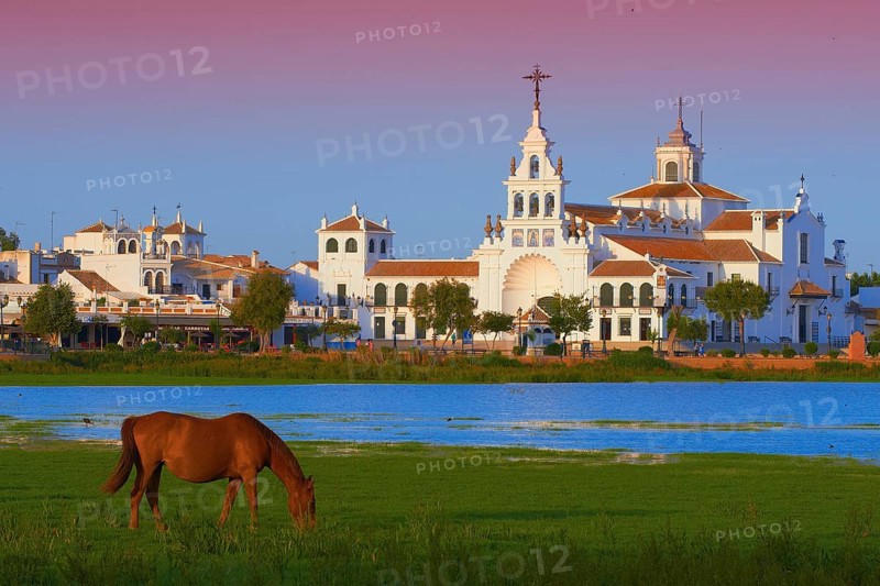 El Rocio village and Ermita del Rocio hermitage in morning light
