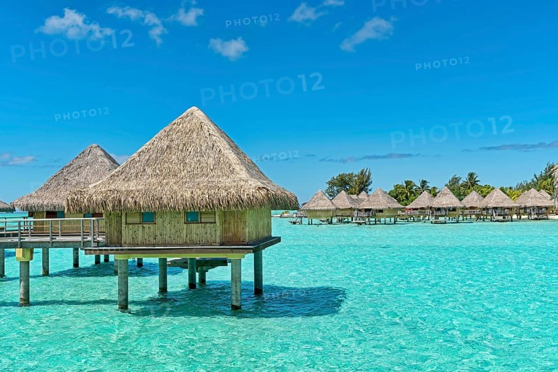 Overwater bungalows in the lagoon