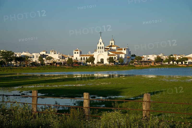 Hermitage of El Rocio in the lagoon of the Donana National Park