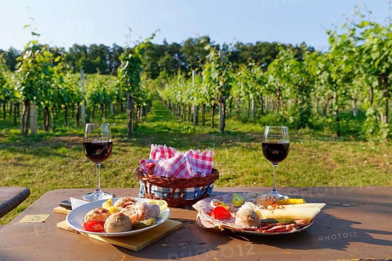 Snack and red wine in Buschenschank on Csaterberg