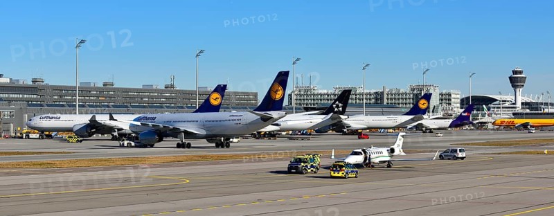 Apron of Munich Airport ""Franz Josef Strauss"" with airplanes
