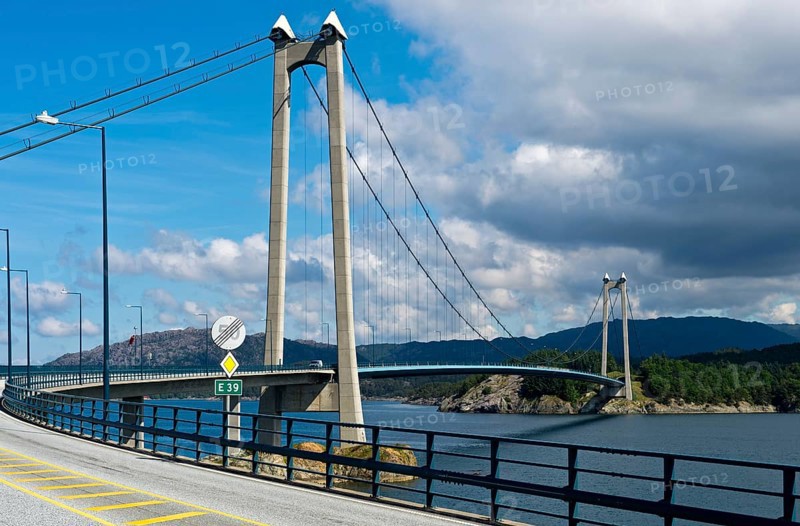 European Road E39 crossing Stord Bridge or Stordabrua suspension bridge across the sound of Digernessundet