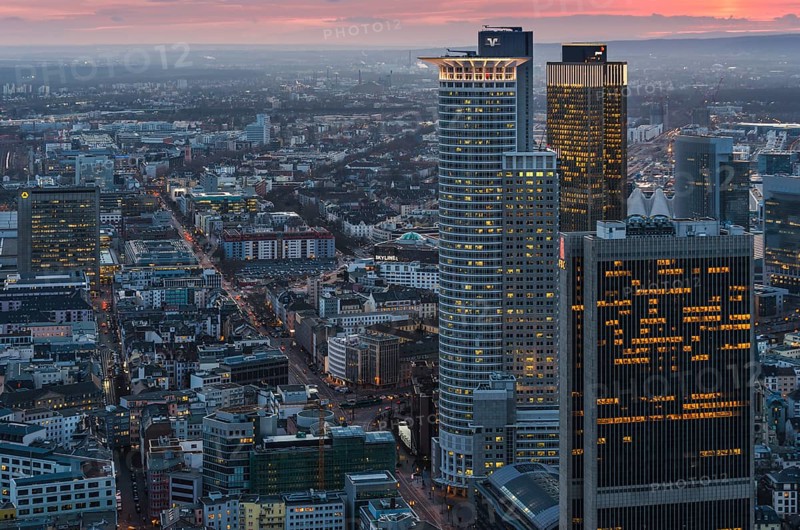 View of the city at sunset from the Main Tower with skyscrapers in the financial district