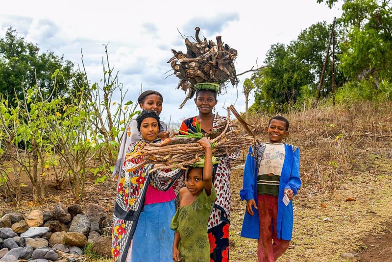 Smiling girls carrying firewood