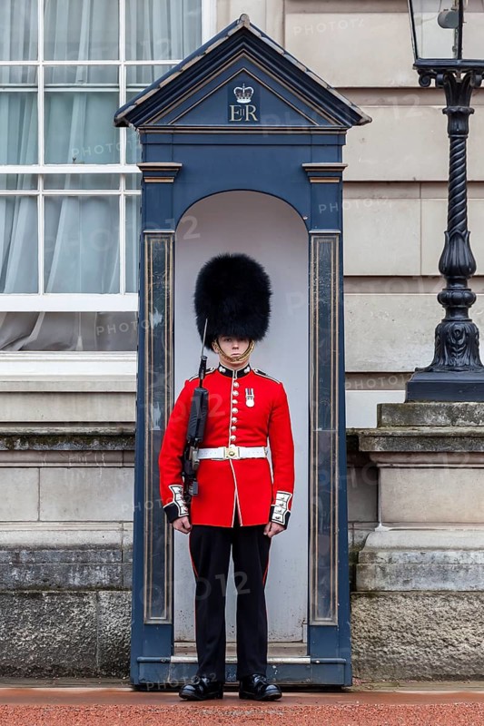Guard of the Royal Guard with bearskin in front of Buckingham Palace