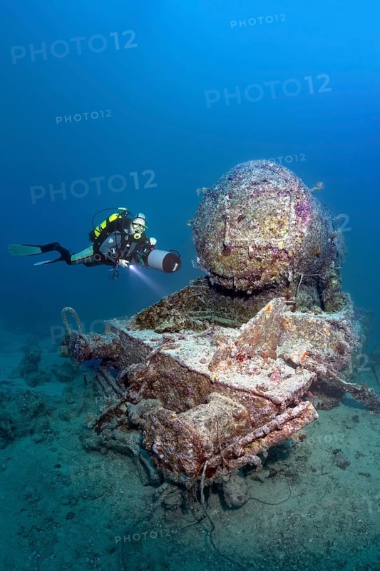 Scuba diver at the remains of a Stanier 8F locomotive